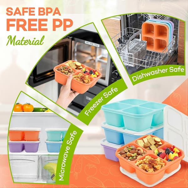 Bento Box Adult Lunch Box - 4-pack, 4-Compartment Snack Containers Reusable Lunch Boxes Stackable BPA-Free Lunch Containers for Home, Work Orange, Purple, Green, Blue