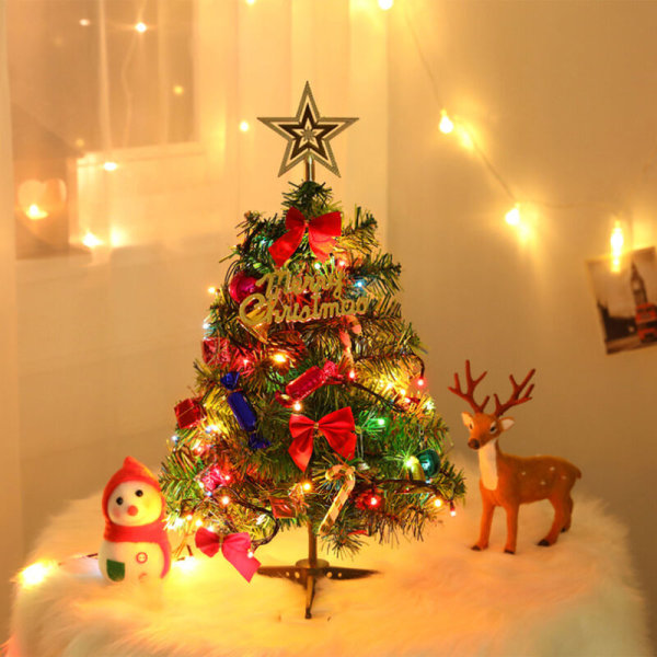 Flocket juletræ med blandede dekorationer og flerfarvede lys > 50 cm stedsegrøn fiberoptik, til juledekoration