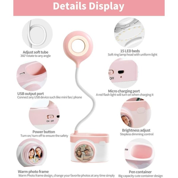 Kreativ USB -laddning ögonskyddsbordslampa kameraformad bordslampa (rosa),