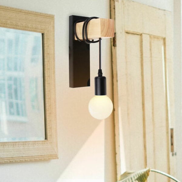 Moderne væglampe lysarmatur i jern og træ E27 til stue bar sort - sort
