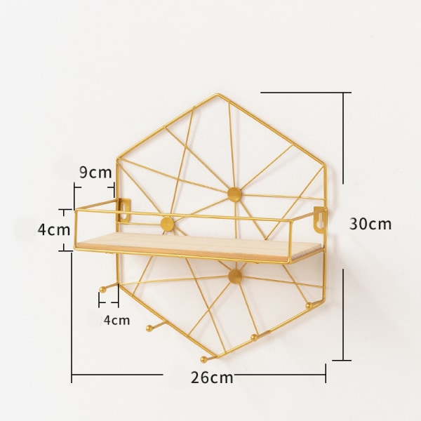 Kuusikulmainen riippuva rei'ittämätön seinähylly - kulta 26*9*30cm,