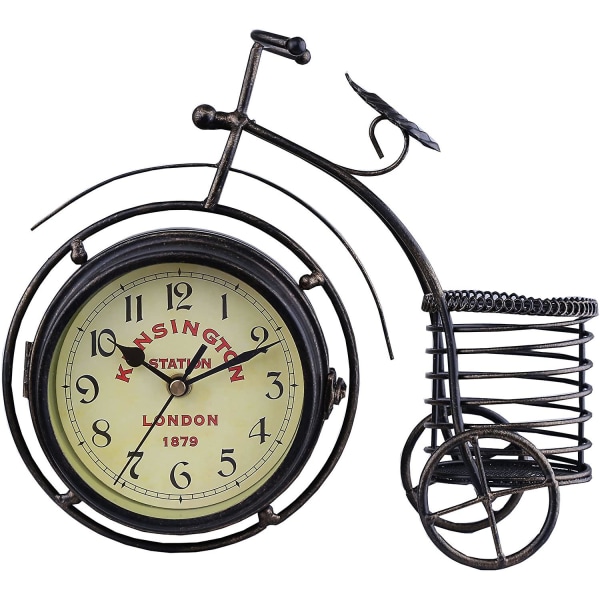 Generisk vintage metall rustik cykelklocka Cykelformad dubbel sidobord Dekorativ klocka för heminredning med korg
