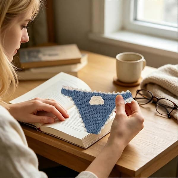 Bokstring, Håndlagde Heklede Bikini Bokmerker, Morsom Undertøyformet Sideholder For Bøker, Heklede Stringbokmerker For Kvinner, Unik Gavespøk Blue