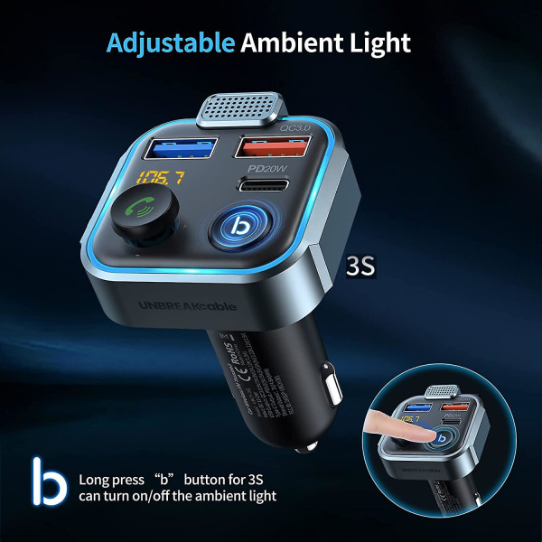 Bil Bluetooth 5.0 Fm-sändare, bil mp3-spelare Radio musiikkiadapteri laddare, stöder handsfree black