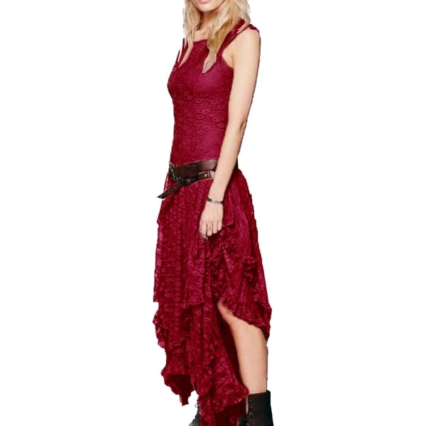 Uregelmæssig høj og lav blonde nederdel sexet lang kjole Red L