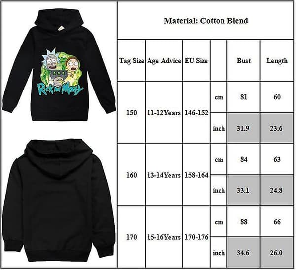 Rick And Morty-hettegenser for gutter, trykt, uformell hettegenser, genser, topper, 11–16 år 11-12 Years