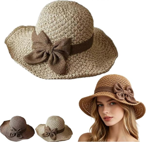 Stråhat med retro sløjfe, foldbar og åndbar til sommer, elegant vævet stråsolhat med sløjfe Beige