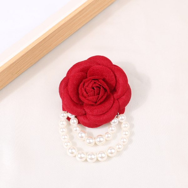 n Tyg Camellia Flower Brosch Pins Pearl Tofs Corsage Jewel Red