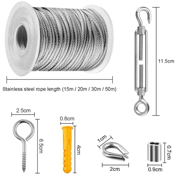 30 m rebsæt rustfrit stålkabel, metalkabel, rustfrit stålkabel med strammer og kroge til hængende lys, Clim