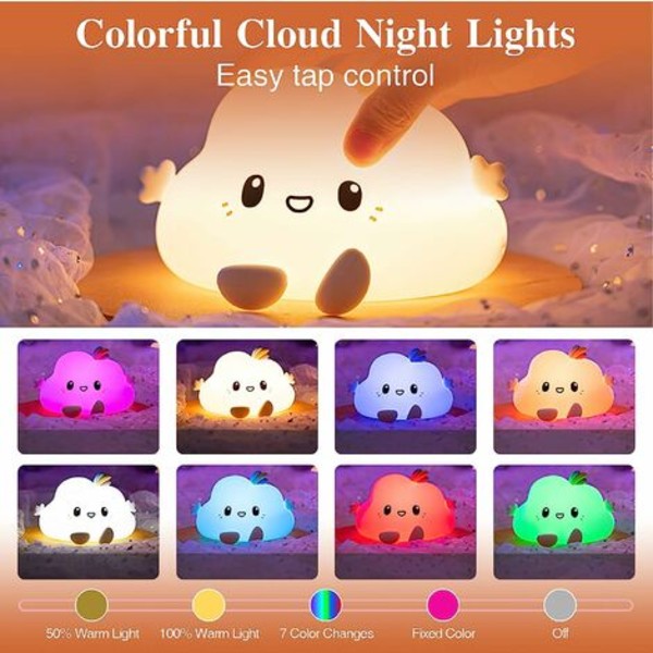 LED-lasten yövalo 7 väriä USB ladattava kosketusohjain Silikonipilvi lastenhuonevalo 1800 mAh (kaukosäädin)
