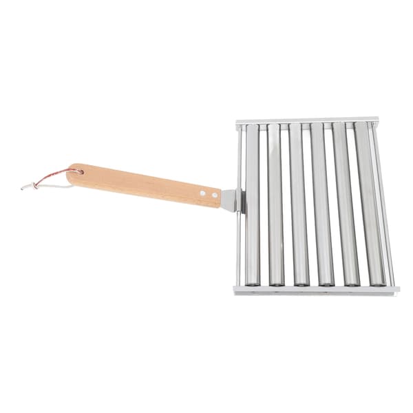 Avtakbar pølserullerstativ i rustfritt stål med ekstra langt trehåndtak, 4 spyd, 6 grillpinner