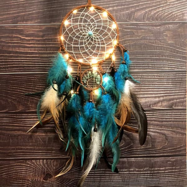 Dream Catcher Blue with Feathers and LED String Lights Handmade