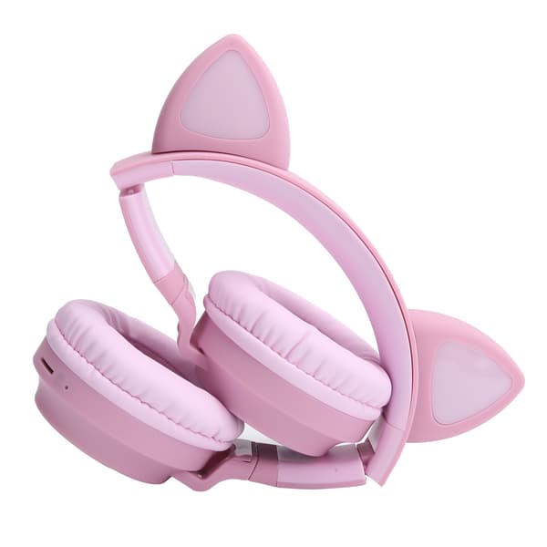 Kat Øre Hovedtelefon 3D LED Lys Trådløs Bluetooth 5.0 Foldbart Headset med Mikrofon Pink