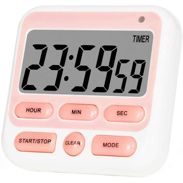 Digital køkkentimer, tænd/sluk-knap, 12/24 timers ur og lydløse timere, stort lcd-display, høj alarm og stærk magnet (pink)