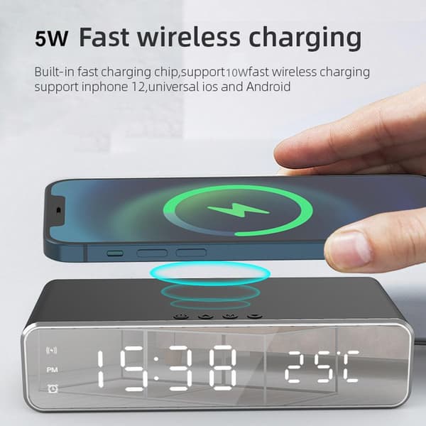 5W Trådlös Laddning Väckarklocka Digital Termometer Halkfri Multifunktionell för Sovrum Möte Resor