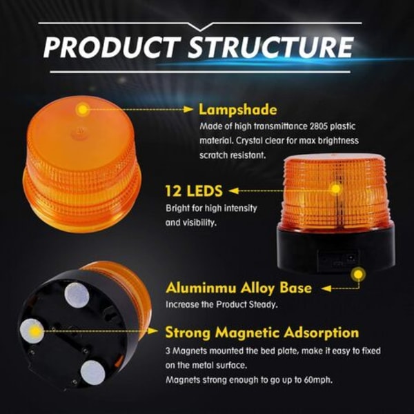 12V Amber LED Beacon Wireless Strobe Light Magnetic Flashing Emergency Signal Lights for Auto Vehicle | Refillable