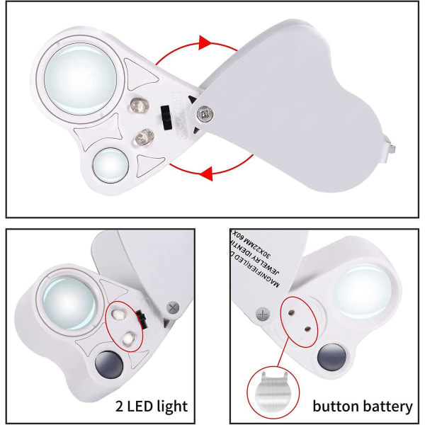Bærbar LED-belyst smykkeforstørrelsesglas 30x 60x håndholdt dobbelt linse øjenforstørrelsesglas mikromikroskop med nøglering og snor