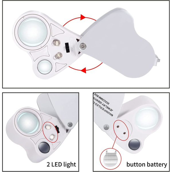 Kannettava led-valaistu valaistu korusuurennuslasi 30x 60x kädessä pidettävä kaksoislinssinen silmäsuurennuslasi suurennuslasi mikromikroskoopilla avaimenperällä ja kaulanauhalla