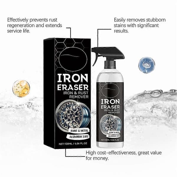 Iron Eraser Rustfjerner Spray, Jernpulverfjerner Spray til Bilfælge og Lak Hurtigtvirkende Rust- og Bremseklodsfjerner 120ml