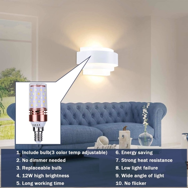 Vägglampa för inomhus LED-vägglampa Downlight Vardagsrum Sovrum Korridor Dekorativt ljus, varmvit (glödlampa ingår) [Vit, energiklass A++],