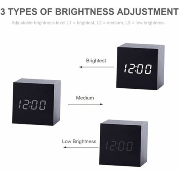 Ruskea Puu Valkoinen Kirjaimet Neliön muotoinen LED-ääniohjaus Digitaalinen herätyskello Puinen kello
