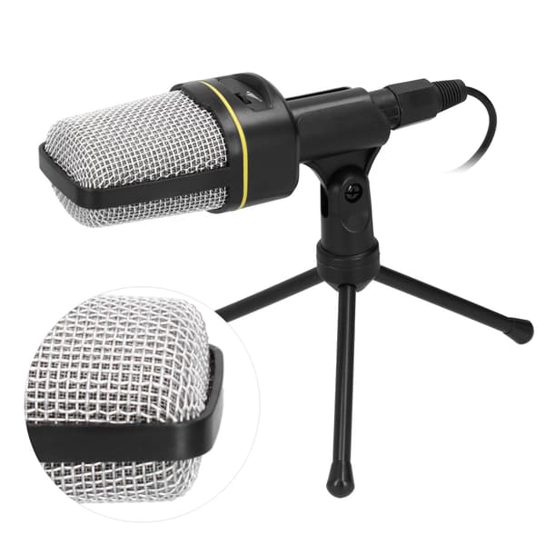 Studio-kondensaattorimikrofoni 3,5 mm:n audioliitännällä ja pöytätelineellä, musta