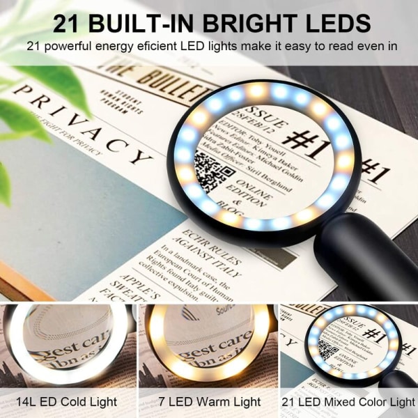 Koldt og varmt LED-lys, forstørrelsesglas med høj forstørrelse, sort og hvid, velegnet til læsevedligeholdelse