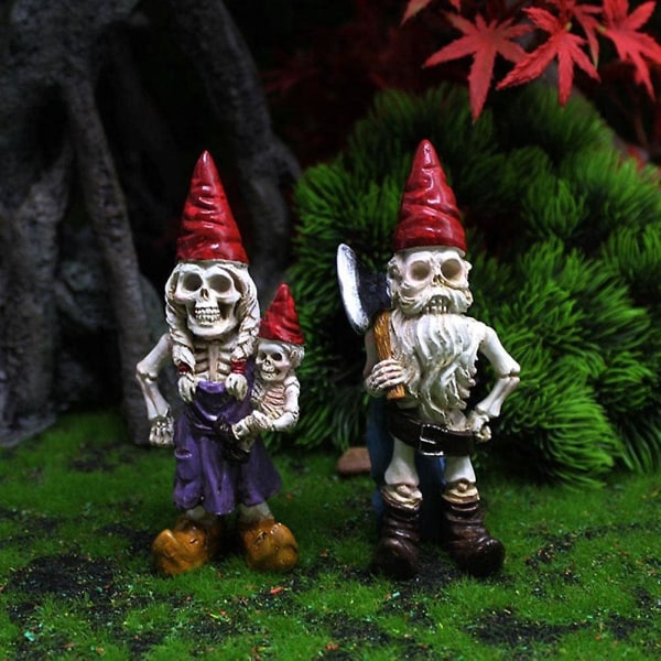 Horror Skeleton Dwarf - Hjemmehave Par Statue Dværg Gnome Kranie Skulptur Familiegruppe