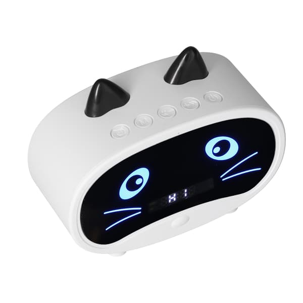 Mini Tecknad Högtalare Multifunktionell Söt Kattöra Design Smart Dubbel Väckarklocka för Sovrum Kontor Vit
