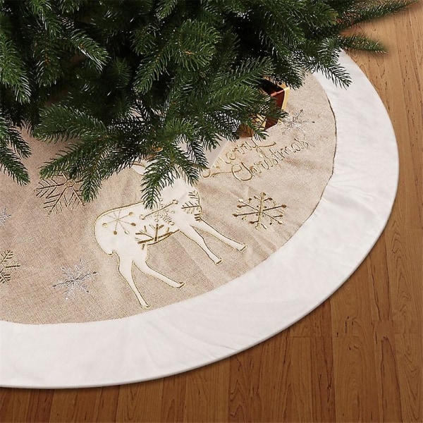 120 cm træfodsdæksel, groft hør juletræskørt, elg- og snefnugmønstret juletræsmåtte til juletræsdekoration Julefest dec.