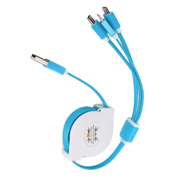 3 i 1 USB Infällbar Laddningskabel för IOS Typ C Mikroport Blå