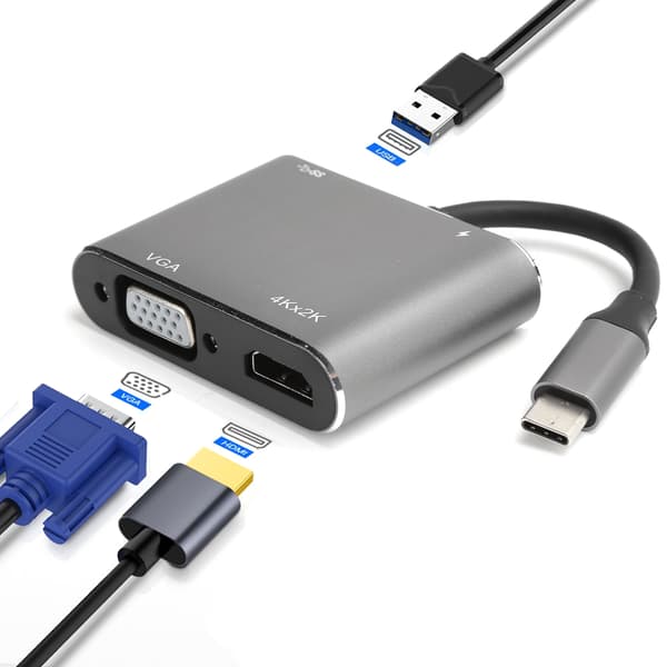 USB C til HDMI VGA USB 3.0 Docking Station 4 i 1 Konverter 4K