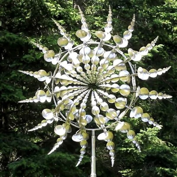 Puutarhansisustus 3D-metallinen pyörivä tuulimylly ulkona puutarhan nurmikon tuuliviiri (hopea)