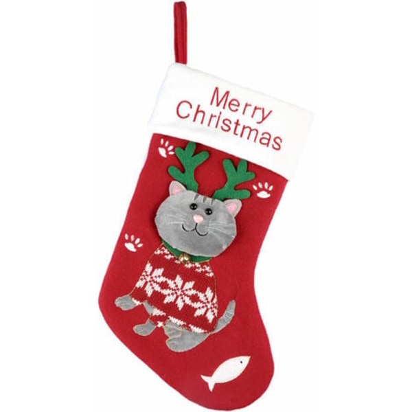 Pet Cat Julestrømper 3D Strik rød julesok til kat, Xmas Pejs Hængende julestrømpe dekoration