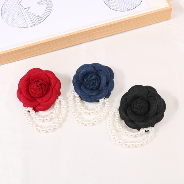 n Tyg Camellia Flower Brosch Pins Pearl Tofs Corsage Jewel Red