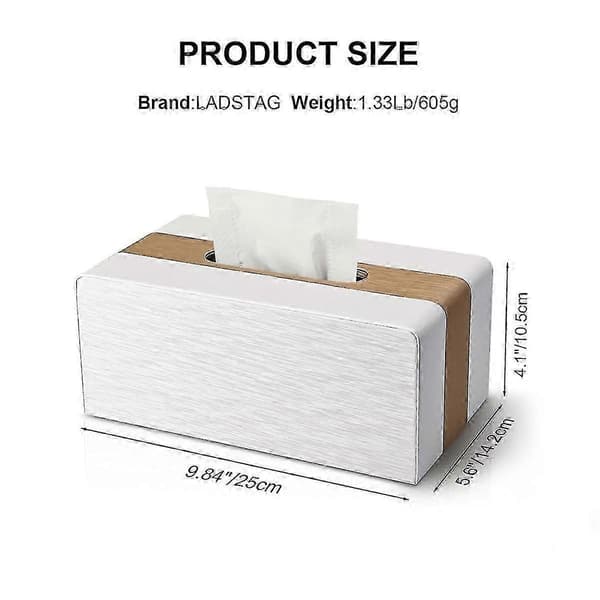 Issue Box Cover, PU Leather Tissue Box Cover Rectangular Tissue Holder for Home/Office/Car Decor (Shikai) Vit träfärg