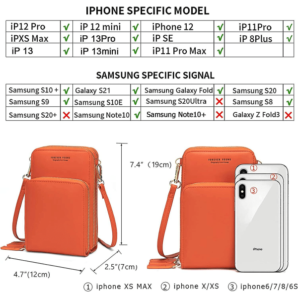 Lille crossbody mobiltelefon pung til kvinder, mini Messenger skulder håndtaske tegnebog med kreditkort slots A916-878 Orange