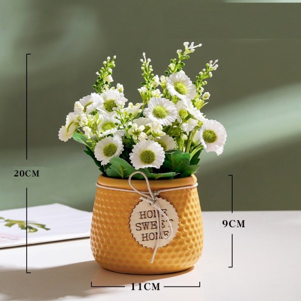 Simulerede grønne planter hjem indendørs Nordisk stil lille tusindfryd simulationsblomst keramisk potteplante (gul potte hvid blomst)
