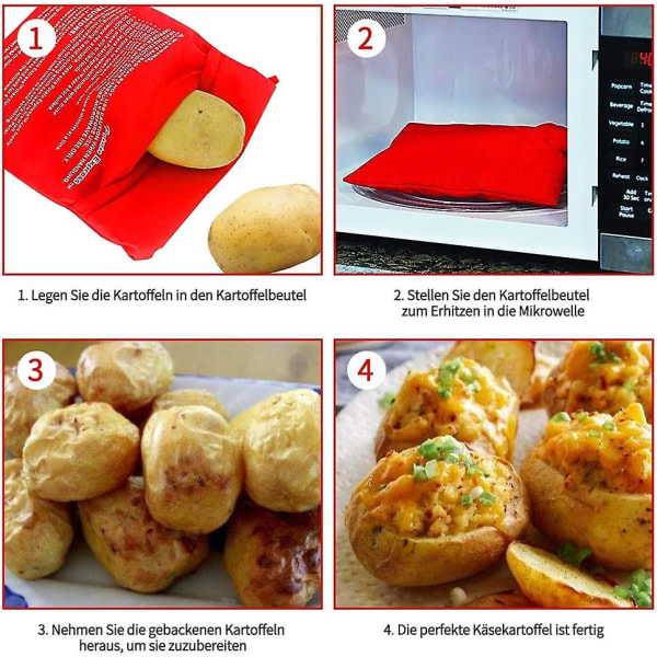 4 stykker kartoffel madlavningspose Mikrobølge kartoffelpose Kartoffel madlavningspose Vaskbar Genanvendelig til mikroovn Rød