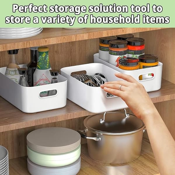 5 PCS White Plastic Storage Bins Small with Handles, Storage Baskets for Shelves, Kitchen, Office, Refrigerator