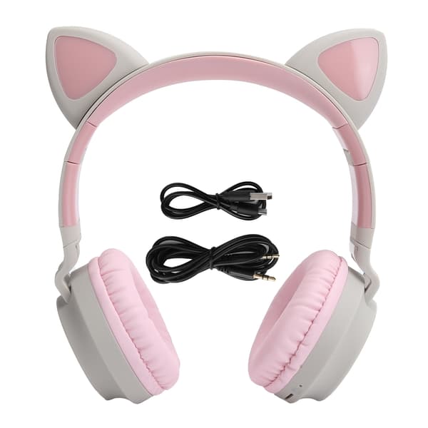 Kat Øre Hovedtelefon 3D LED Lys Trådløs Bluetooth 5.0 Foldbart Headset med Mikrofon Grå Pink