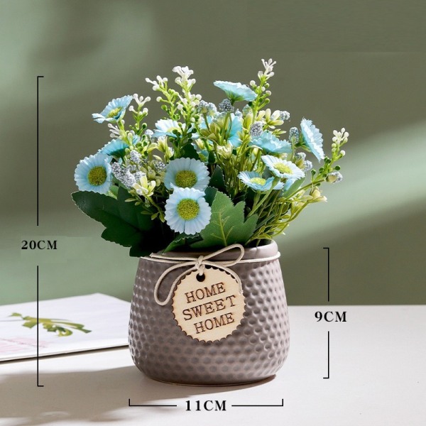 Simulerede grønne planter hjem indendørs Nordisk stil lille tusindfryd simulationsblomst keramisk potteplante (blå blomst i grå potte)