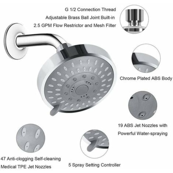 Kiinteä korkeapaineinen suihkupää, 5 asetusta säädettävä vettä säästävä sadesuihkupää kylpyhuoneen kylpylään rentoutumiseen, kiillotettu