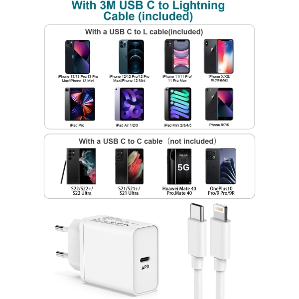 iPhone 20W USB-C snabbladdare OCH 3 Meter USB-C Lightning kabel Vit