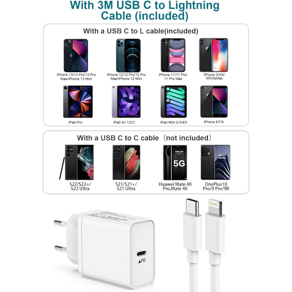 iPhone Laddare 5/6/7/8/X/11/12/13/14 PRO MAX + 3M Lightning Kabel