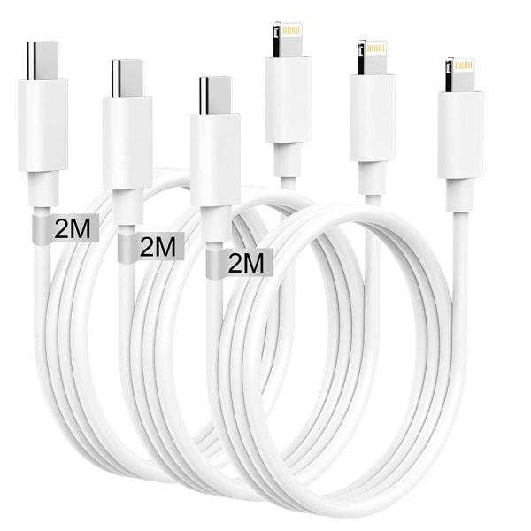 (3st) iPhone kabel för Apple 11/12/13/14 USB-C till Lightning 2M Vit 2 meter