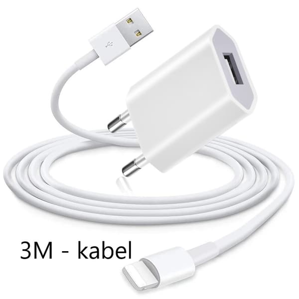 iPhone Laddare 5/6/7/8/X/11/12/13/14 PRO MAX + 3M Lightning Kabel