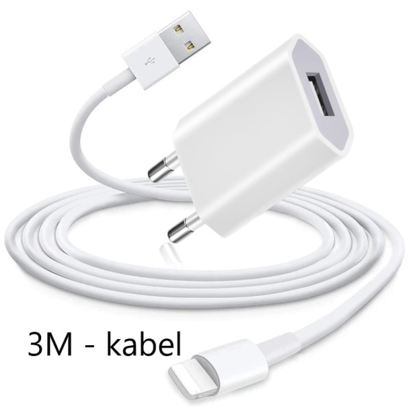 iPhone Laddare 5/6/7/8/X/11/12/13 PRO MAX + 3M Lightning Kabel
