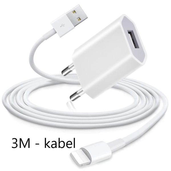 iPhone Laddare 6,7,8,X,11,12,13 + 3M extra lång Lightning Kabel