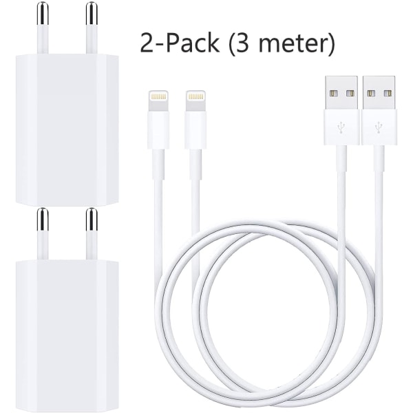 (2x) 3M Lightning laddare iPhone 13/12/11/ Xs/Max/X/8/7/6/5SE (2-Kabel / 2-USB) 3 Meter